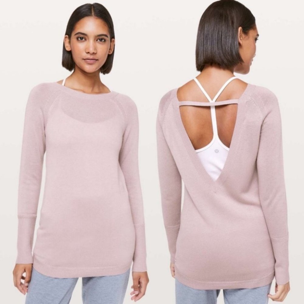 Lululemon Cashmere Knit‎ Sweater V-Back Smoky Blush Purple Unity Drop Curved Hem